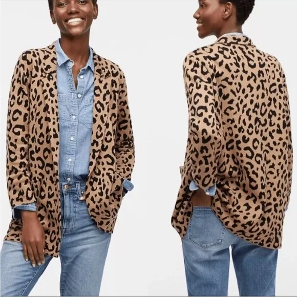 J.Crew Sophie Open-Front Leopard Sweater Blazer Relaxed Fit Wool Blend Small - Picture 1 of 6
